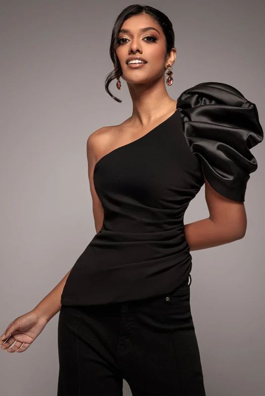 Image of Goddiva Womens One Shoulder Puffed Satin Sleeve Asymmetric Scuba Top in Black Size: 16 Black Female 16