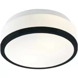 image of Searchlight Cheese Bathroom IP44 2 Light Flush, Opal White Glass Shade, Black Trim Dia 28Cm IP44