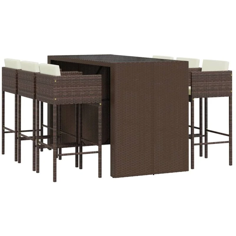 Image of vidaXL 7 Piece Garden Bar Set with Cushions Brown Poly Rattan, Brown 3203951