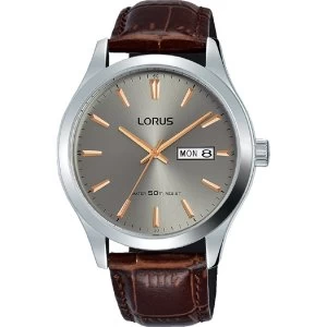 image of Lorus RXN61DX9 Mens Padded Brown Leather Strap Dress Watch with Sunray Grey Dial