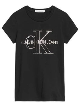 Image of Calvin Klein Jeans Girls Monogram Outline Slim T-Shirt - Black, Size Age: 12 Years, Women