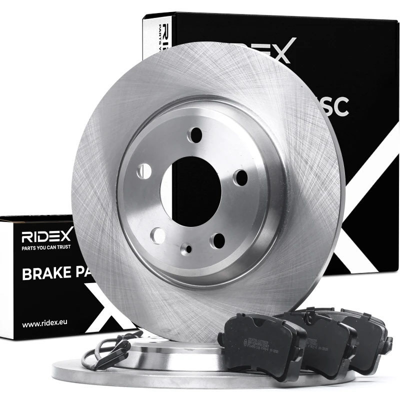 Image of RIDEX 3405B0987 Brake disc and pads set Rear Axle, Brake Disc Type: Solid, incl. wear warning contact, with anti-squeak plate Brake Set,disc brakes (