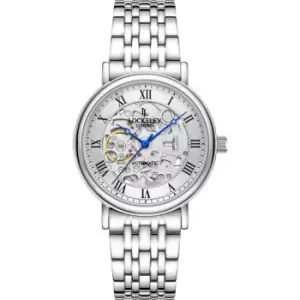 Image of Mens Locksley London 40mm Stainless Steel Dress Watch, Japanese Skeleton Automatic, Blue Index Silver Dial, Mineral Glass, 50m Water Resistance, Stain