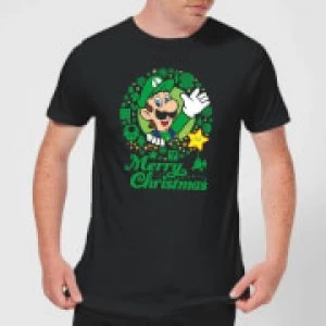 Image of Nintendo Super Mario Luigi Merry Christmas Wreath Black T-Shirt - L - Black