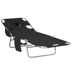 Image of Outsunny Foldable Sun Lounger, Beach Chaise Lounge with Reading Hole, Arm Slots, 5-Position Adjustable Backrest, Side Pocket, Pillow for Patio Black