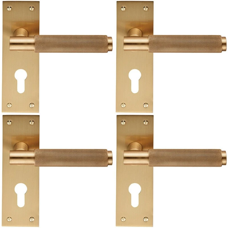 Image of Loops 4x PAIR Knurled Round Handle on Slim Euro Lock Backplate 150 x 50mm Satin Brass Metallics