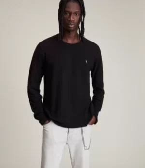 Image of AllSaints Mens Cotton Regular Fit Muse Long Sleeve Crew Neck T-Shirt, Black, Size: XXL