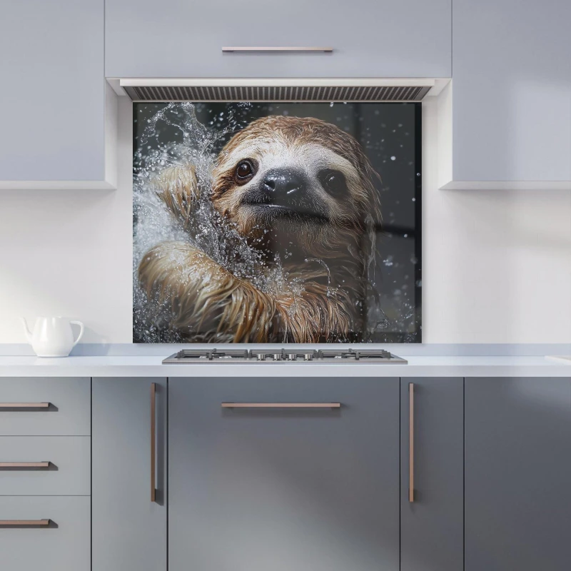 Image of Warren Reed - Designer Gleeful Sloth Splashart Kitchen Splashback in Blue Size: 600mm x 750mm Blue Unisex 600mm x 750mm