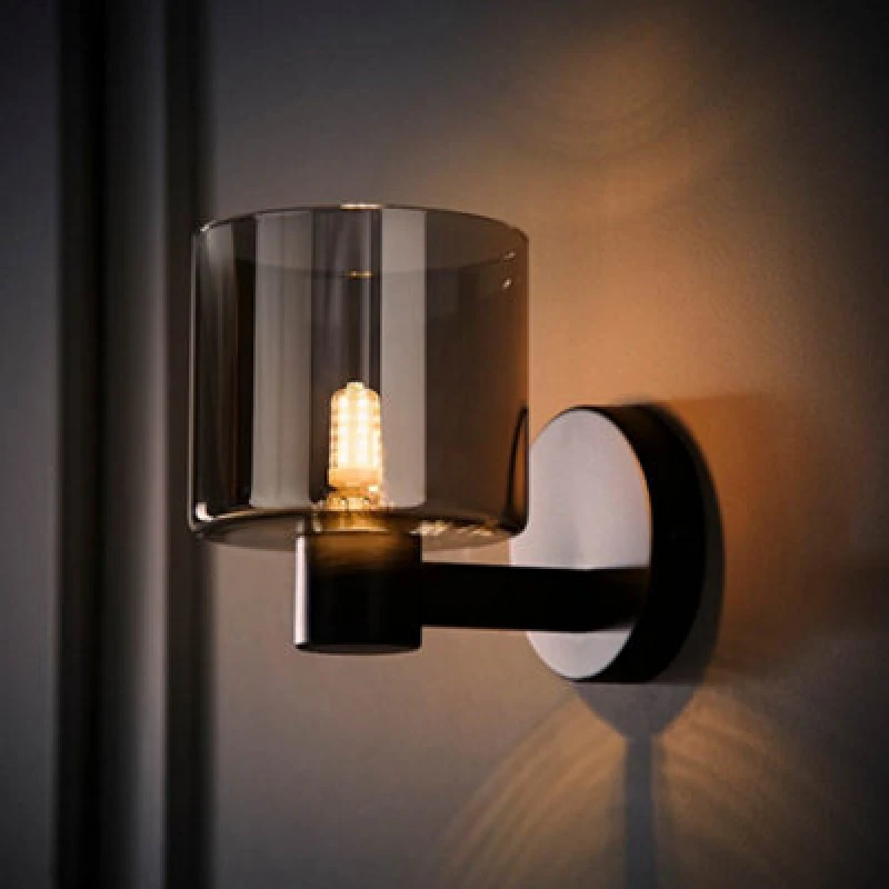 Image of Valuelights Demi Matte Black And Smoked Glass Wall Light And Bulb
