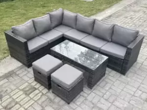Image of Fimous 6 Seater Outdoor Dark Grey Rattan Lounge Complete Sofa Set Left Side with Rectangular Coffee Table and 2 Stools