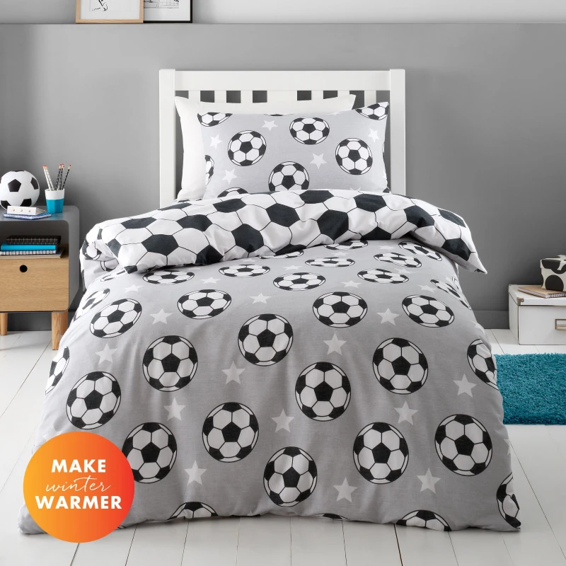 Image of Catherine Lansfield 'Brushed Cotton Football Stars' Reversible Duvet Cover Set Grey