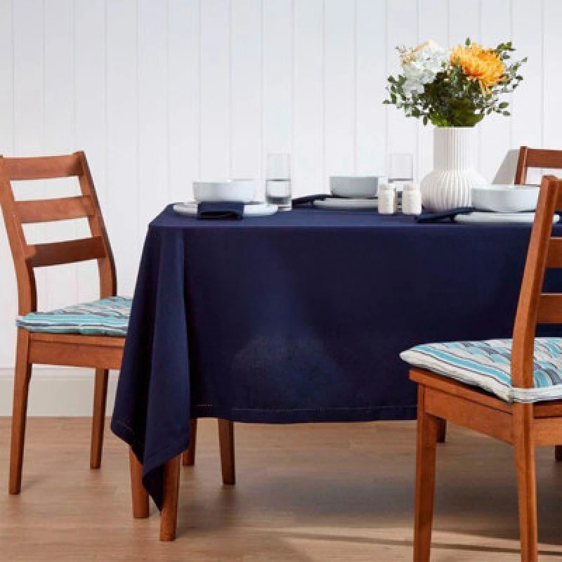 Image of Homescapes Plain Cotton Tablecloth, 178cm x 300cm Navy