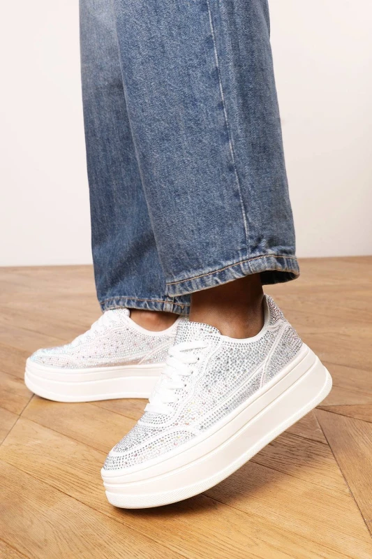 Image of Where's That From Womens 'Darcia' Wedge Lace Up trainer with diamante Detail in White Size: 4 White Female 4
