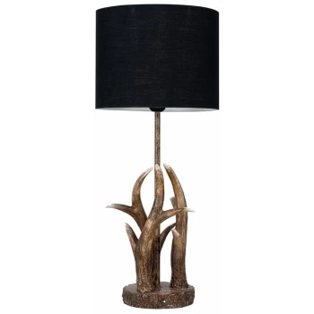 Image of Caribou Antler Table Lamp In A Natural Finish + Small Drum Shade - Black