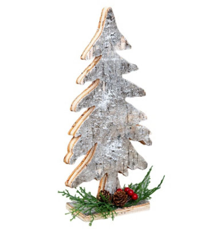 Image of Shatchi 30cm Christmas Tree Shape Birch Bark Wooden Christmas Table Top Decoration Silver