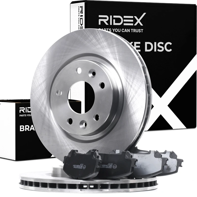 Image of RIDEX 3405B1156 Brake disc and pads set Front Axle, Brake Disc Type: internally vented Brake Set,disc brakes (3405)