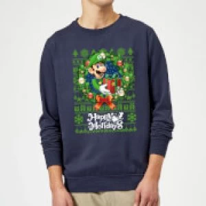 Image of Nintendo Super Mario Happy Holidays Luigi Christmas Sweatshirt - Navy - 3XL