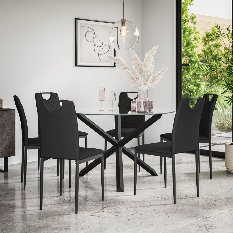 Image of More4Homes Malvern Round Dining Table And Chairs - Clear Glass Table Top W Solid Oak Black Legs + 6 Monza Faux Leather Dining Chairs (Black)