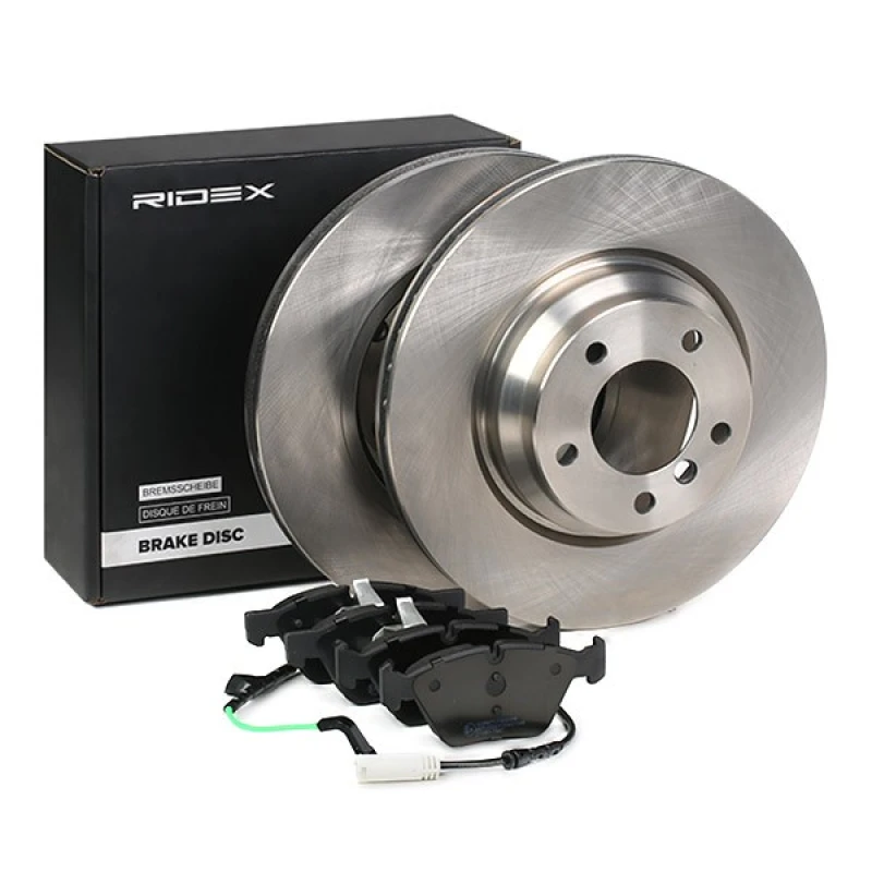 Image of RIDEX 3405B1722 Brake disc and pads set Front Axle, Brake Disc Type: Vented, prepared for wear warning indicator, with piston clip Brake Set,disc bra
