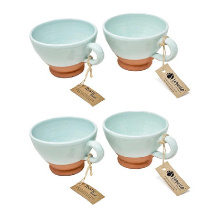 Image of Verano Spanish Ceramics Rustic Pastel Half Dipped Terracotta Kitchen Set Of 4 Breakfast Cups Pale Green 14Cm