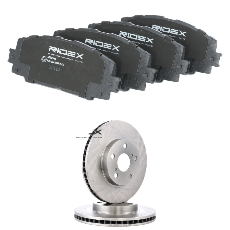 Image of RIDEX 3405B2811 Brake disc and pads set Front Axle, Brake Disc Type: internally vented, excl. wear warning contact Brake Set,disc brakes (3405)