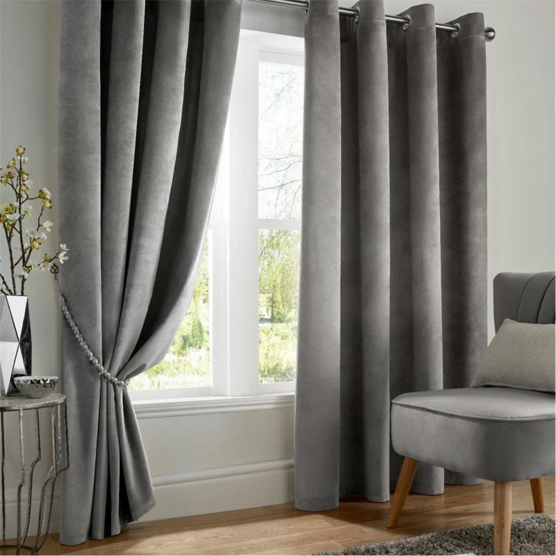 Image of Alan Symonds Velvet Blackout Ring Top Eyelet Curtains Silver unisex 117x137cm