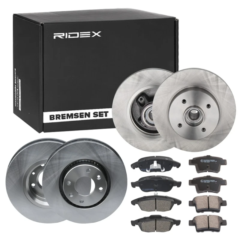 Image of RIDEX 3405B1762 Brake disc and pads set Rear Axle, Brake Disc Type: Solid, not prepared for wear warning indicator, with piston clip Brake Set,disc b