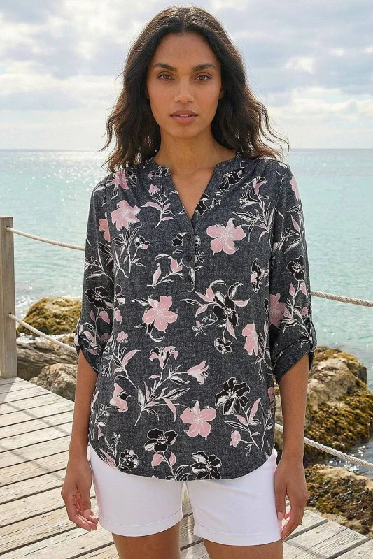 Image of Roman Womens Textured Floral Print V-Neck Stretch Shirt in Pink Size: 12 Pink Female 12