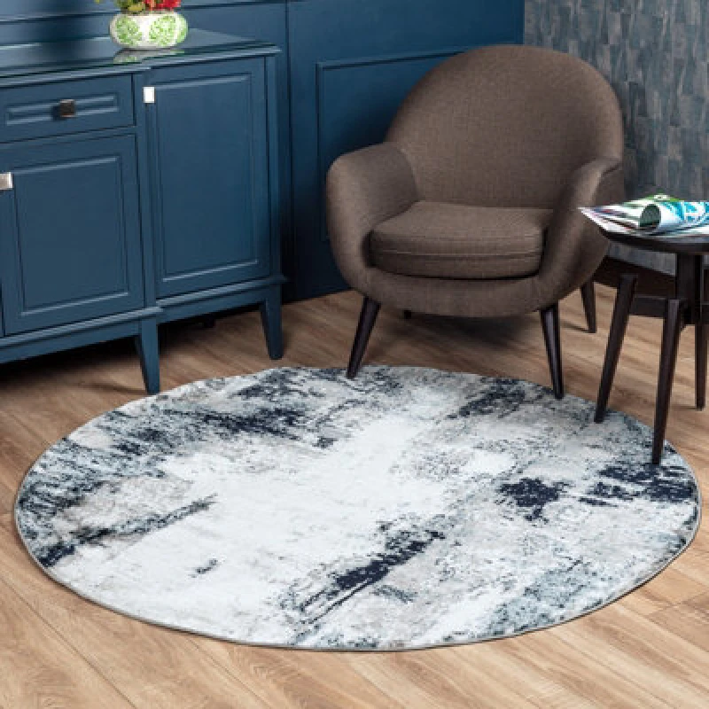 Image of Livabliss Round Abstract Modern Marble Aqua/navy Giulia Area Rug 160 X 160 Cm - Easy Care, Non Shedding, Ideal For Living Room & Bedroom