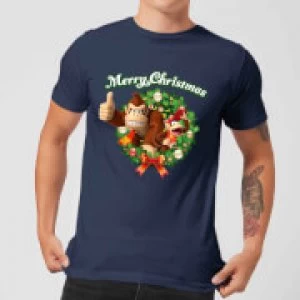Image of Nintendo Donkey Kong Diddy Kong Merry Christmas Wreath Thumbs Up T-Shirt - Navy - L