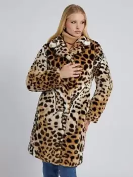 Image of Guess Diletta Leopard Print Faux Fur Coat - Leopard, Multi, Size L, Women