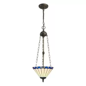 Image of 3 Light Uplighter Ceiling Pendant E27 With 30cm Tiffany Shade, Blue, Crystal, Aged Antique Brass - Luminosa Lighting