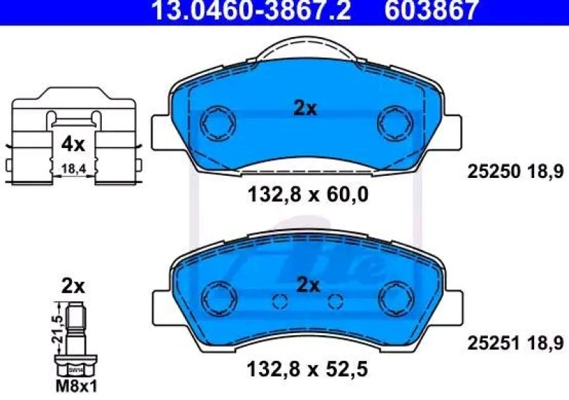 Image of ATE 13.0460-3867.2 Brake pad set excl. wear warning contact, with accessories, with brake caliper screws Brake Pad Set,disc brake (402)