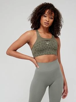 Image of Nike Medium Support Swoosh Leopard Print Bra - Olive Size L, Women