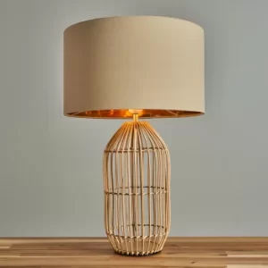 Image of Hollins Large Natural Rattan Table Lamp with Beige and Gold Reni Shade