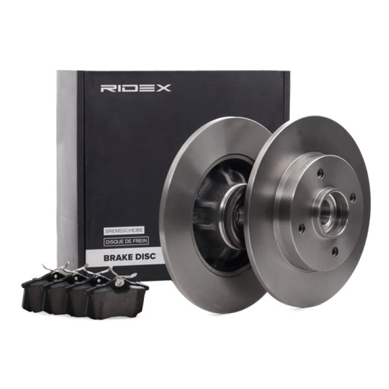 Image of RIDEX 3405B1432 Brake disc and pads set Rear Axle, Brake Disc Type: Solid, not prepared for wear warning indicator Brake Set,disc brakes (3405)