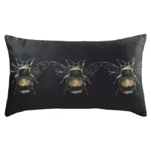 Image of Gold Bee Rectangular Velvet Cushion Black / 30 x 50cm / Polyester Filled