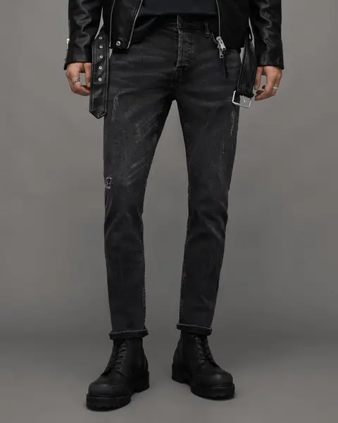 Image of AllSaints Mens Cotton Traditional Rex Slim Jeans, Black, Size: 34/L32