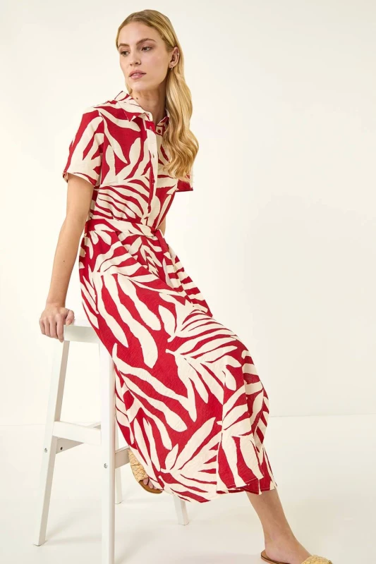 Image of Roman Womens Leaf Print Belted Midi Shirt Dress in Red Size: 12 Red Female 12