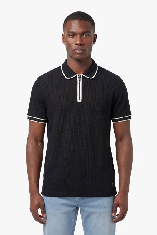 Image of Luke 1977 Mens Vesuvius Zip Neck Waffle Polo in Black Size: Large Black Male L
