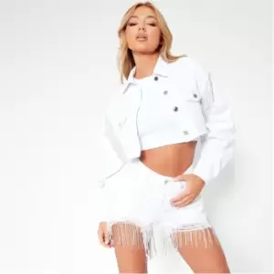 Image of I Saw It First Diamante Tassel Detail Crop Denim Jacket - White