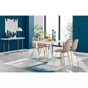 Image of Kylo White High Gloss Dining Table & 4 Cappuccino Corona Faux Leather Dining Chairs with Gold Legs Diamond Stitch - Cappuccino