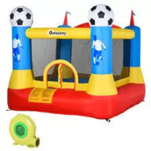 image of Outsunny Kids Bouncy Castle House Inflatable Trampoline with Blower for Kids Age 3-12 Football Field Design 2.25 x 2.2 x 1.95m