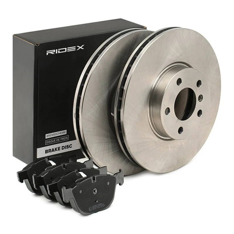 Image of RIDEX 3405B1254 Brake disc and pads set Front Axle, Brake Disc Type: internally vented, prepared for wear warning indicator, with piston clip Brake S