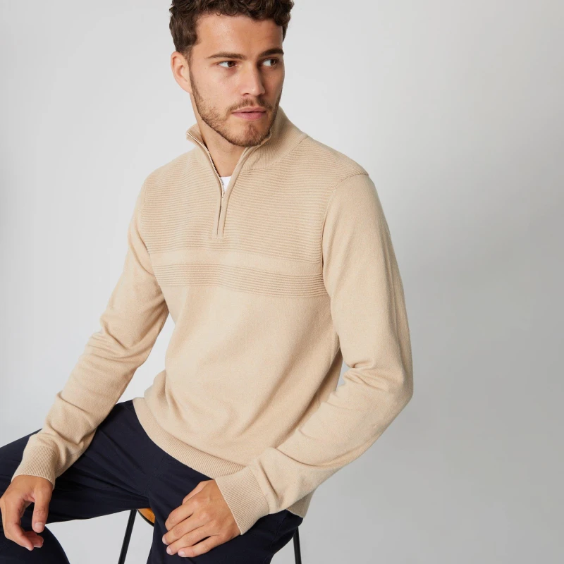 Image of Threadbare 'Foxwood' Rib Detail Crew Neck Quarter Zip Jumper Stone