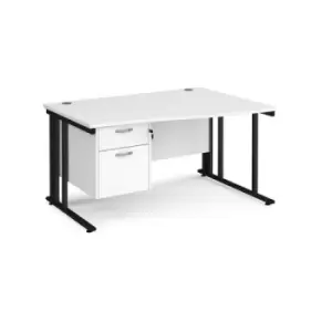 image of Office Desk Right Hand Wave Desk 1400mm With Pedestal White Top With Black Frame Maestro 25 MCM14WRP2KWH