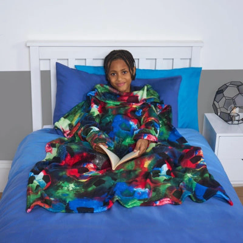 Image of OHS OHS Kids Fleece Blanket Sleeves Arms Wearable Soft Cosy Plush Warm Throw in Black One Size Unisex 5027434214044