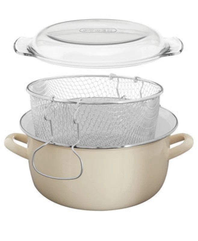 Image of Premier Housewares Interiors By Premier Sturdy Cream Enamel Deep Fryer, Steel Fryer For Chips, Multipurpose Fish Fryer With Wire Basket & Glass Lid
