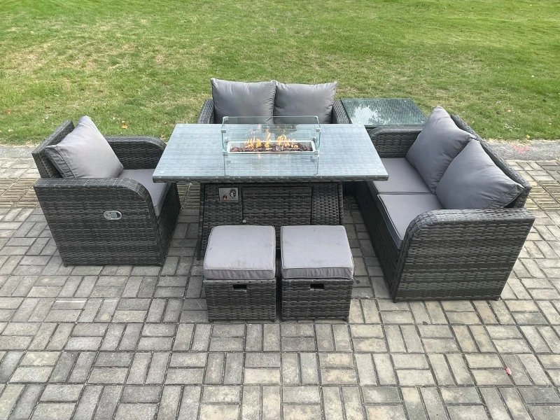 Image of Fimous Rattan Garden Furniture Set with Gas Fire Pit Dining Table,Side Table and 2 Small Footstools Indoor Outdoor 7 piece Loveseat Sofa set Dark Grey