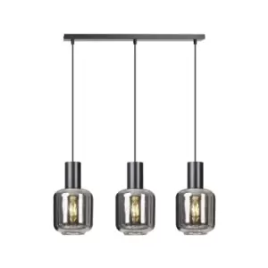 Image of Ingvar Black Bar Pendant Ceiling Light with Graphite Glass Shades, 3x E14